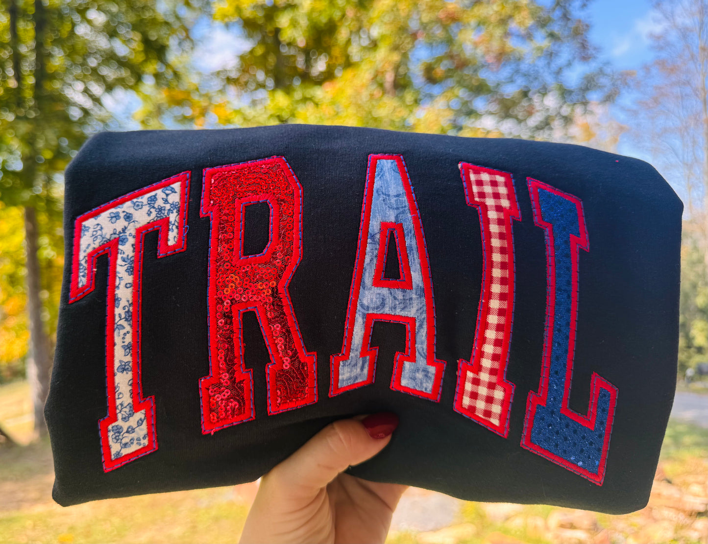 Trail Mixed Pattern Applique Crew