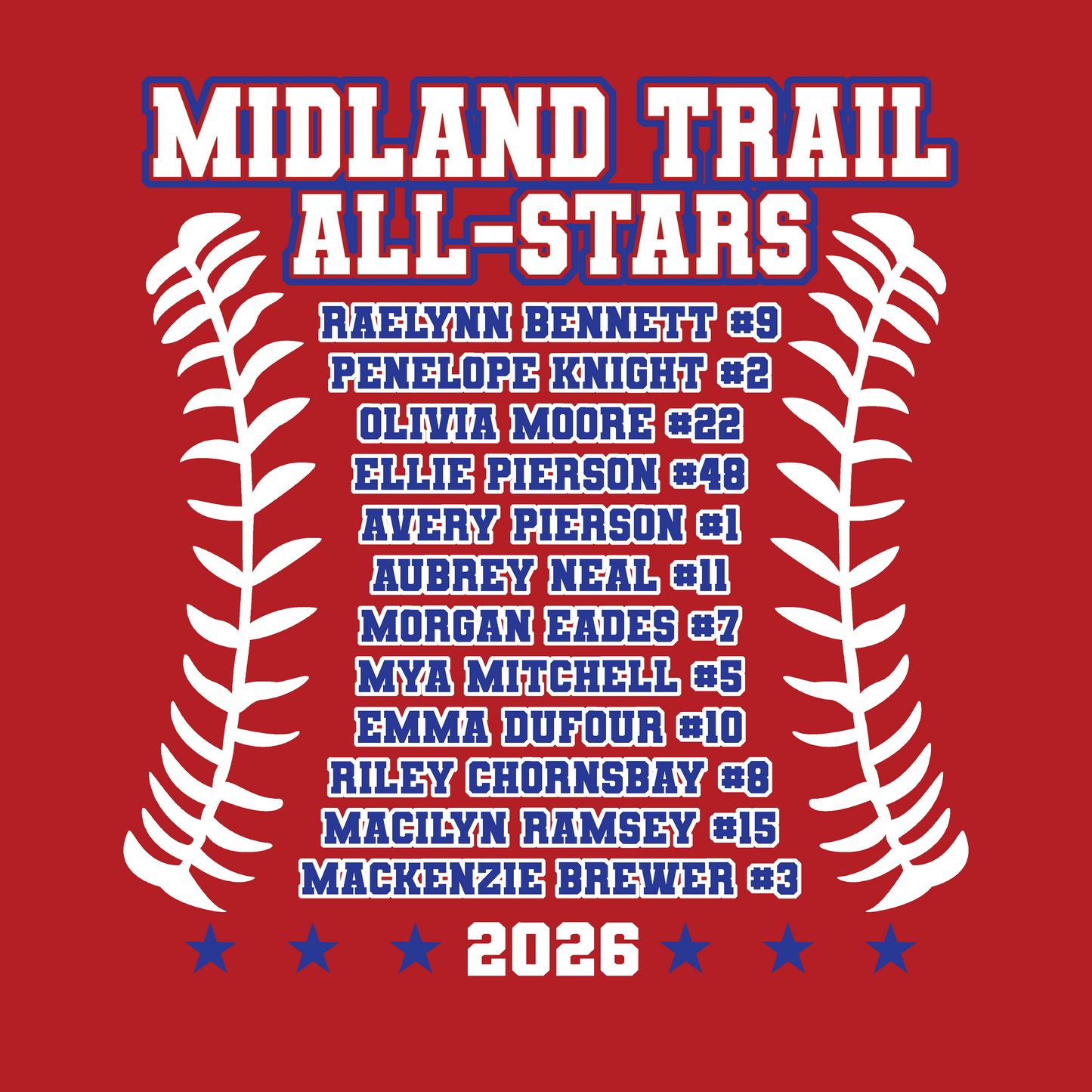 MIDLAND TRAIL ALL STARS T- ROSTER ON BACK